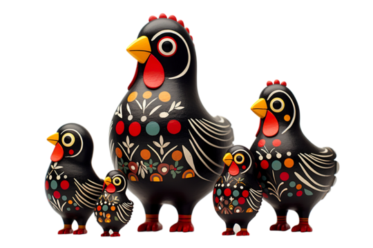 12 animal designations PNG: a figurine of a lovely chicken family, Very cute with colorful designs, Chinese traditional folk mud dog art style, in the style of woodcarvings
