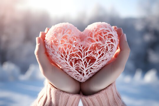Heart snowy background. Cloud and snow in park. Sun up in blue sky Sunny day weather, bright light banner
