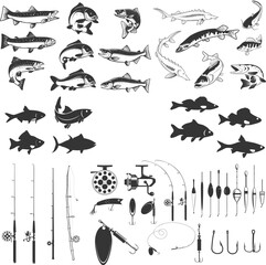 set of Fishing labels design elements. Rods and  fish icons. Design elements for logo, label, emblem, sign, badge. Vector illustration. - obrazy, fototapety, plakaty
