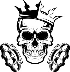 King of street wars. Skull in crown with banner and two crossed knives. Design element for poster, emblem, t-shirt print. Vector illustration.