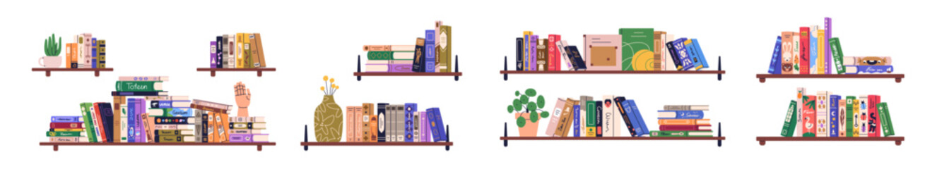 Book rows, stacks on shelves set. Kids literature spines, school textbooks and plants on bookcase, bookshelf. Home library. Colored flat graphic vector illustrations isolated on white background