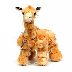 Giraffe made of fur, mad crazy single crooked hideous waste ugly defective, raw, ragged, isolated on white