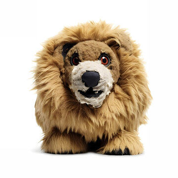 Lion made of fur, mad crazy single crooked hideous waste ugly defective, raw, ragged, isolated on white