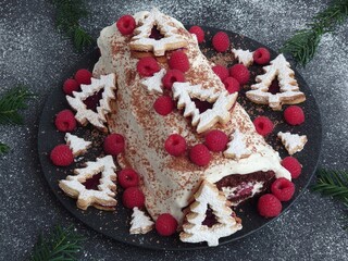 Die winterliche Biskuitrolle mit Himbeeren