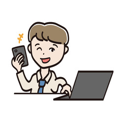 スマホを見ながら適当にパソコン作業をするビジネスマンのイラスト
