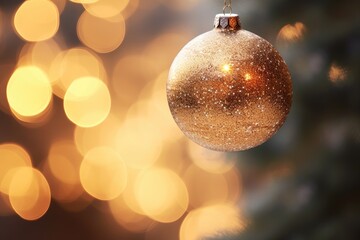 A close-up of a Christmas ornament hanging on the tree, with sparkling bokeh lights around it.