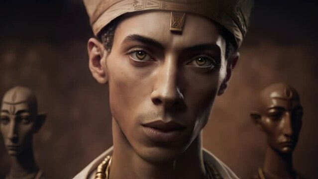 Egyptian pharaoh, a dark-skinned man with a piercing gaze. History of Ancient Egypt. 