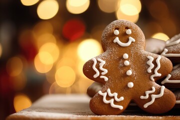A close-up of a gingerbread cookie being decorated with icing, with festive lights in the background. 