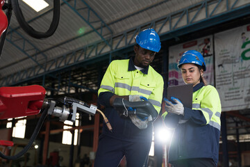 Male and female engineer repair autonomous robotics arm. Group of technician maintenance and control robotics arm in factory