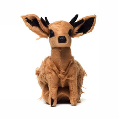 Deer made of fur, mad crazy single crooked hideous waste ugly defective, raw, ragged, isolated on white
