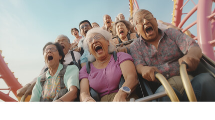 Happy senior people having fun on roller coaster at amusement park. Retirement concept - obrazy, fototapety, plakaty