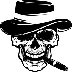 Skull with cigar and hat. Design element for emblem, badge, sign, t-shirt print. Vector illustration.