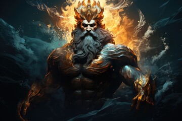 muscular bearded Poseidon in golden crown standing among stormy splashing seawater and holding trident in darkness.by Generative AI.