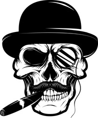 Skull in hat with cigar and monocle. Design element for logo, label, emblem, sign, brand mark, t-shirt print. Vector illustration.