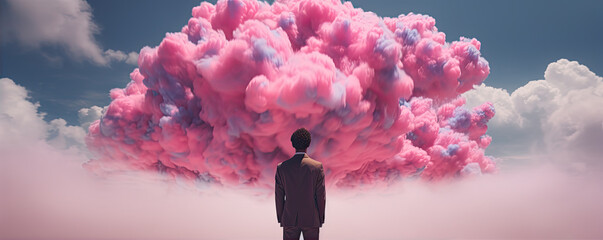 Man alone with pink cloud against background. - obrazy, fototapety, plakaty