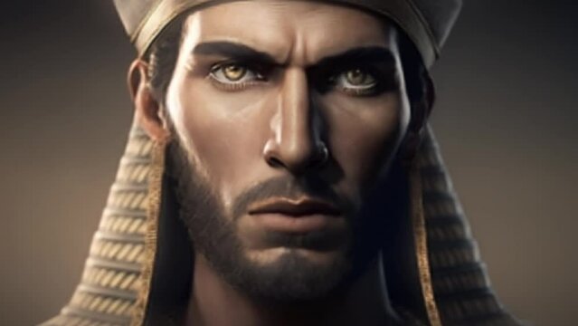 Egyptian pharaoh, a dark-skinned man with a piercing gaze. History of Ancient Egypt. 