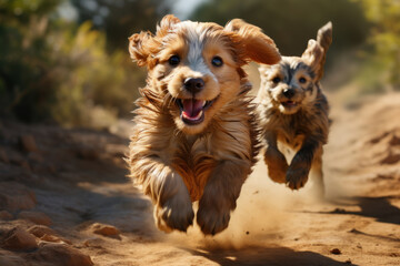 A pair of lively puppies chasing each other in a game of tag. Concept of playful friendship. Generative Ai.