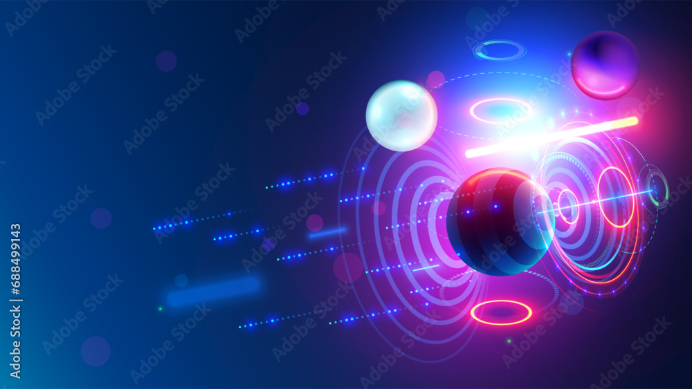 Poster Abstract futuristic technology background with 3d objects in space on a dark blue background. Neon glowing geometric shapes hang in the air in 3d space. Abstract tech banner in a modern style.