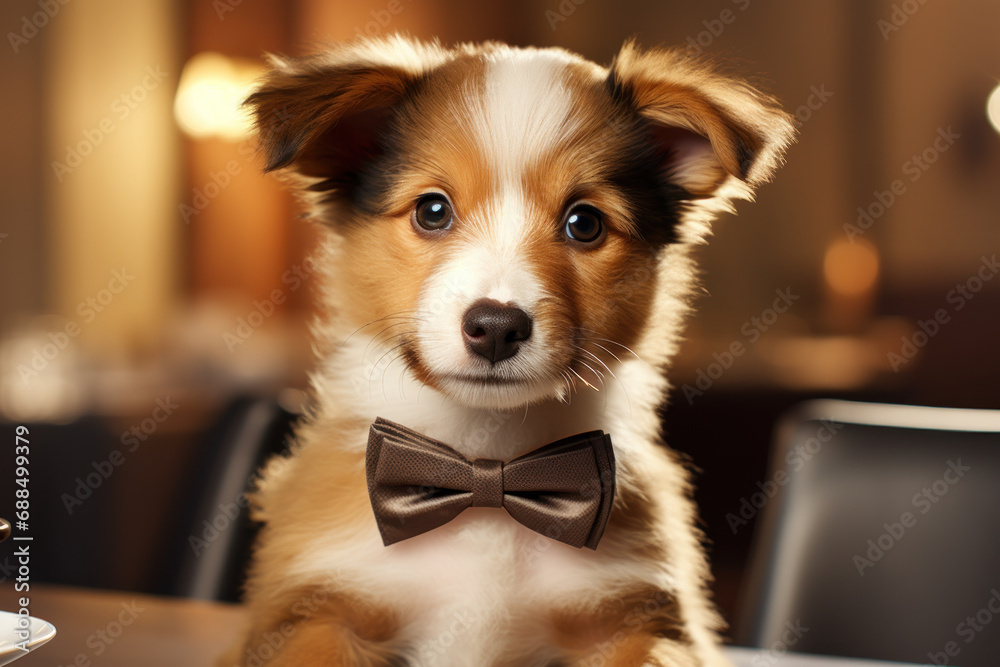 Sticker a charming puppy with an elegant bowtie, ready for a formal affair. concept of puppy style. generati