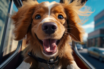 A playful pup savoring the thrill of a car ride, head out the window. Concept of joyful adventure. Generative Ai.