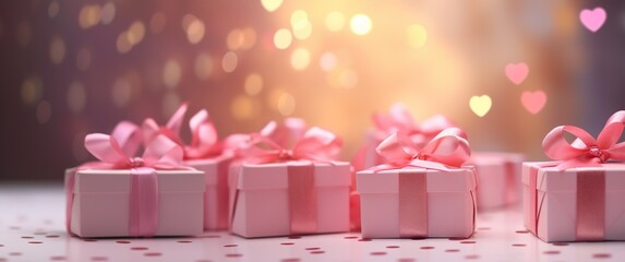Close up of Valentine's Day presents. White gift boxes with red ribbon bow tag over blurred heart shape bokeh background with lights.
