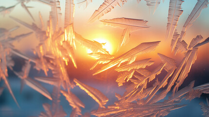 Delicate ice crystals form a natural lacework on a wintry windowpane