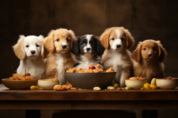 A group of puppies gathered around a bowl of food, eagerly eating together. Concept of shared meals. Generative Ai.