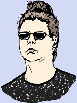 A confident young woman, with brown hair collected on the top of the head, black glasses and polka dot dress. Hand made colored illustration