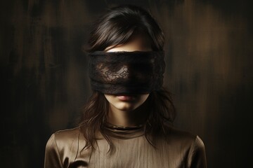 woman with bandage on her eyes - obrazy, fototapety, plakaty