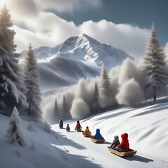 Sledging in the snow. Snow-covered trees, snow-covered mountains. Wooden sledges