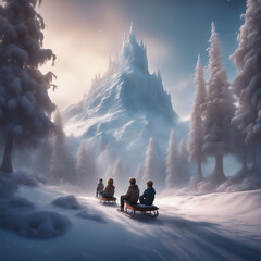 Sledging in the snow. Snow-covered trees, snow-covered mountains. Wooden sledges - obrazy, fototapety, plakaty
