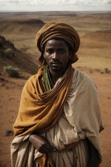 Portrait of an Ethiopian man on the background of highlands and plains.