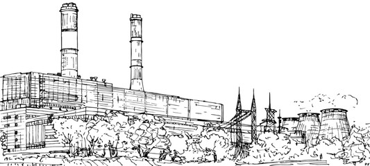 Large landscape cogeneration power station.  Ink sketch combined heat and power CHPP-25,  Generala Dorokhova street, 16, Moscow