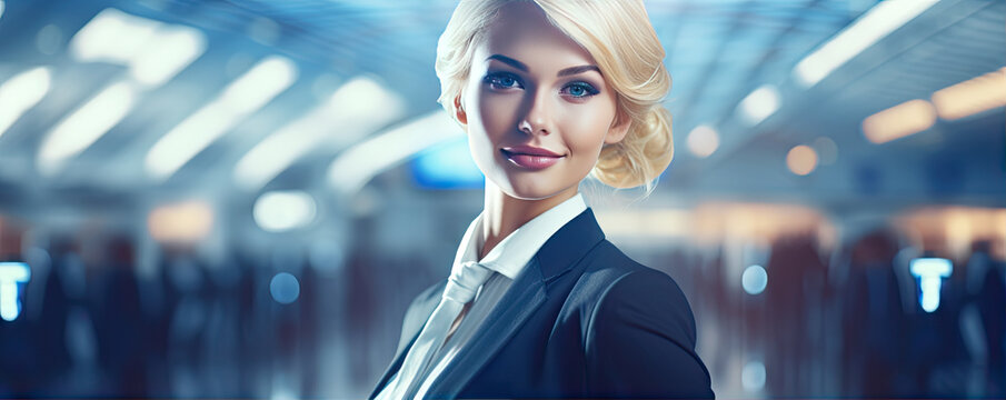 Blond woman as a atendant in blur office or class background.