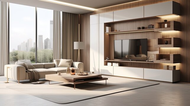 Modern and classy living room with wooden floor, tv, sofa, lamp and table. Created with Ai