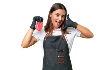 Butcher woman wearing an apron and serving fresh cut meat isolated on green chroma background making phone gesture. Call me back sign