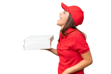 Pizza delivery caucasian woman with work uniform picking up pizza boxes isolated on green chroma...