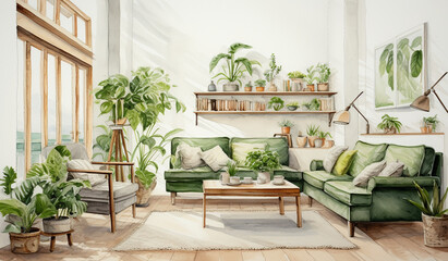 interior of a cozy living room  with a lot of green plants