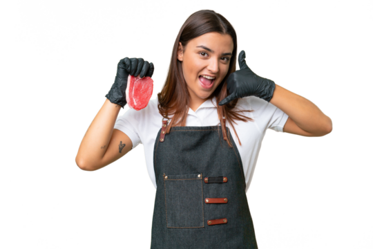 Butcher woman wearing an apron and serving fresh cut meat isolated on green chroma background making phone gesture. Call me back sign - Powered by Adobe