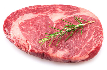 Raw ribeye steak isolated on white background. Closeup.