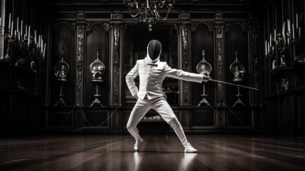 Fencer executes graceful fleche in regal salle - obrazy, fototapety, plakaty
