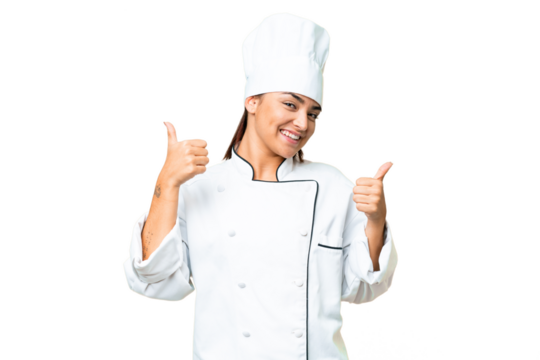 Young woman Chef over isolated chroma key background with thumbs up gesture and smiling