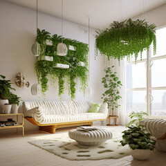hanging green plants on the wall in the cozy modern living room interior.