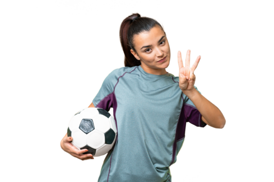 Young football player Woman over isolated chroma key background happy and counting three with fingers