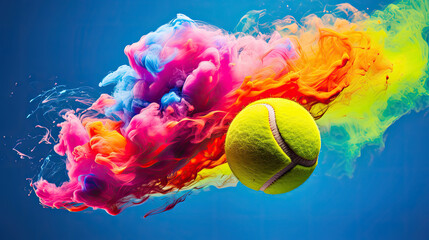 Tennis ball with colorful smoke trail - obrazy, fototapety, plakaty