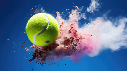 Tennis ball in clear sky with smoke