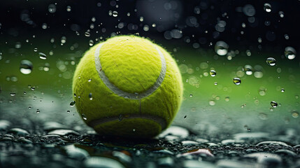 Tennis ball on rain-soaked court reflections