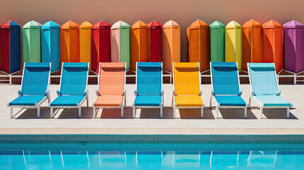 Colorful poolside loungers symmetrical pattern sharp fabric texture
