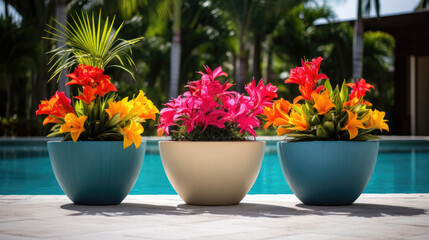 Fototapeta na wymiar Colorful poolside planters with vibrant blooms sharp flower details