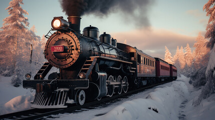 Old Steam Train Running Through The Woods of Winter Snow Background - obrazy, fototapety, plakaty